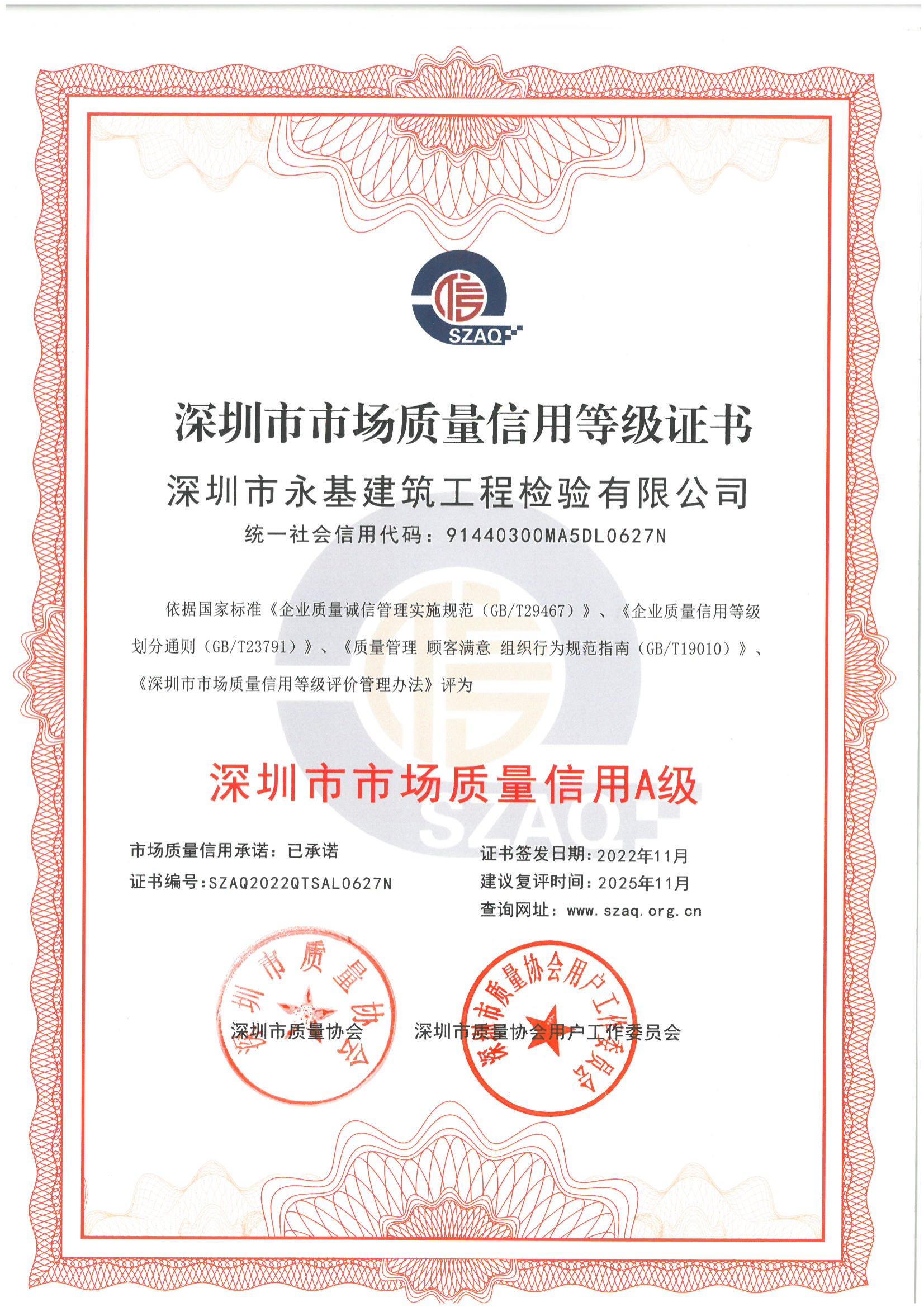 市场质量信用等级证书